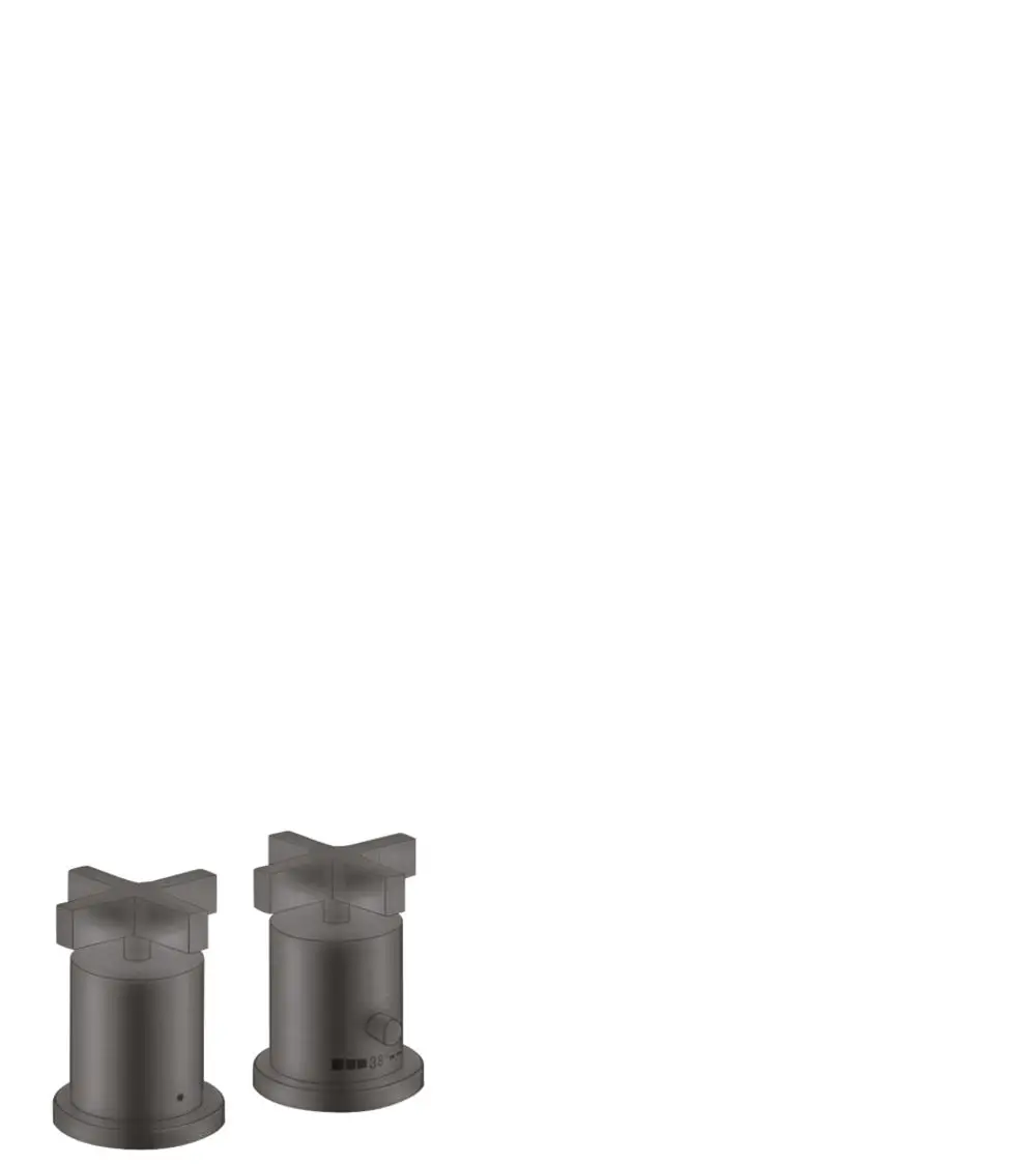 Zwei Wannenrandarmaturen mit Kreuzgriffen in Brushed Black Chrome, designed von AXOR. Eine Armatur hat ein Thermostat und eine Skala zur Temperatureinstellung.